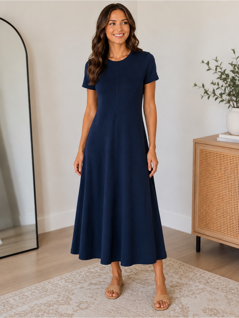 LOFT Navy Soft Knit Swing Midi Dress Petite Small SP Fit & Flare A-Line